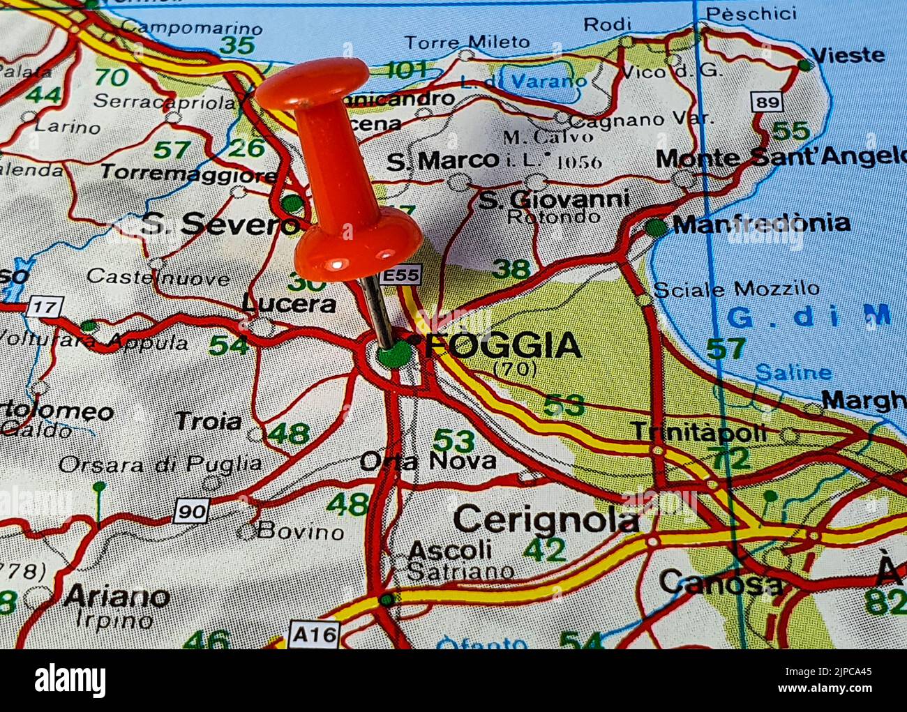 Una posizione della città di Foggia fissata su una mappa d'Italia Foto Stock
