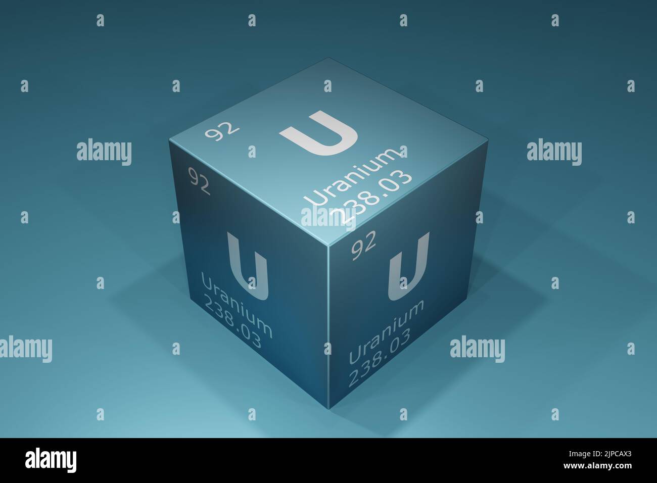 Uranio, rappresentazione 3D di simboli degli elementi della tavola periodica, numero atomico, peso atomico, nome e simbolo. Educazione, scienza e tecnica Foto Stock