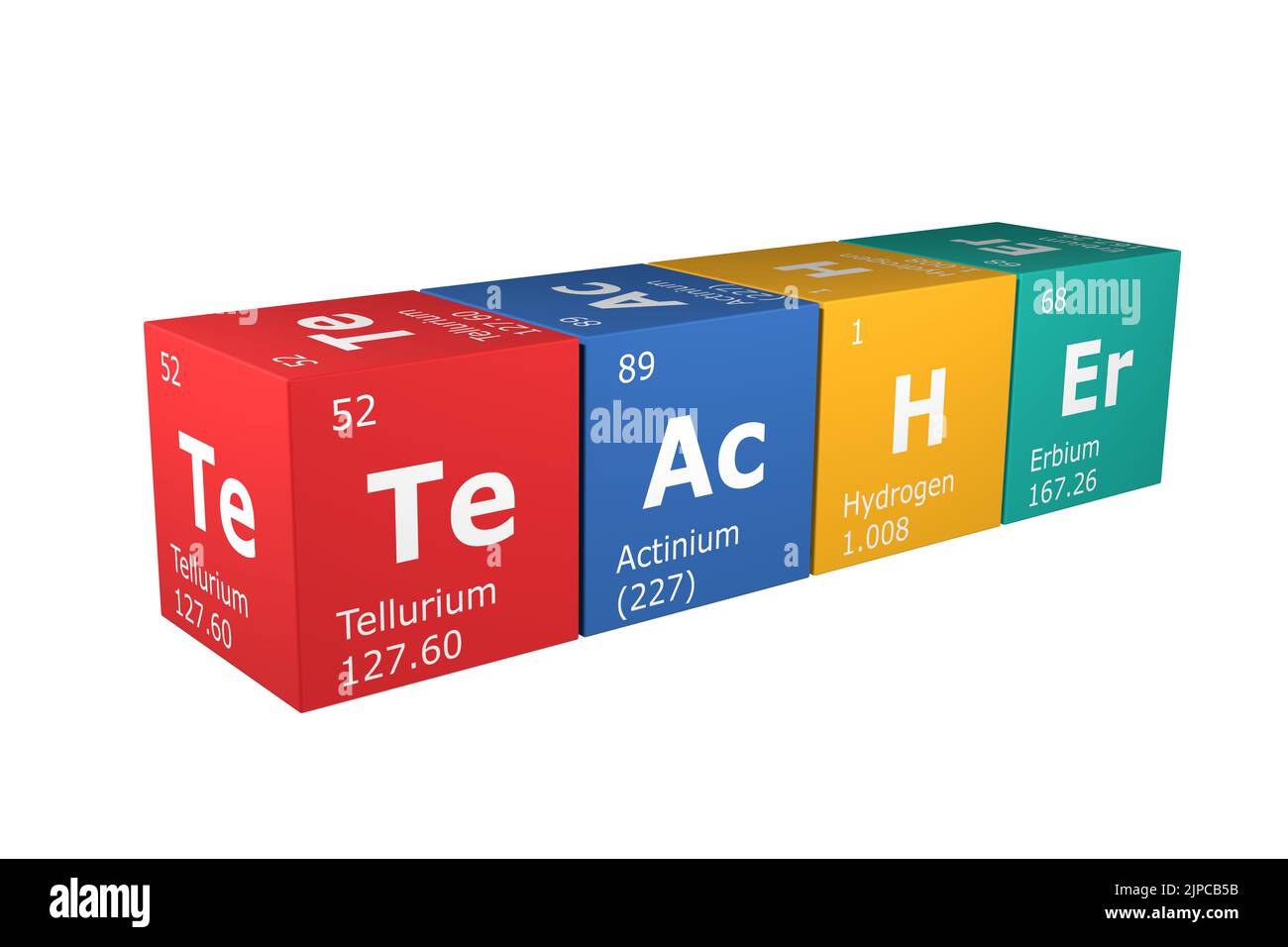 3D resa di cubi degli elementi della tavola periodica, tellurio, actinio, idrogeno ed erbio che formano il maestro di parola. Scienza, tecnologia e. Foto Stock