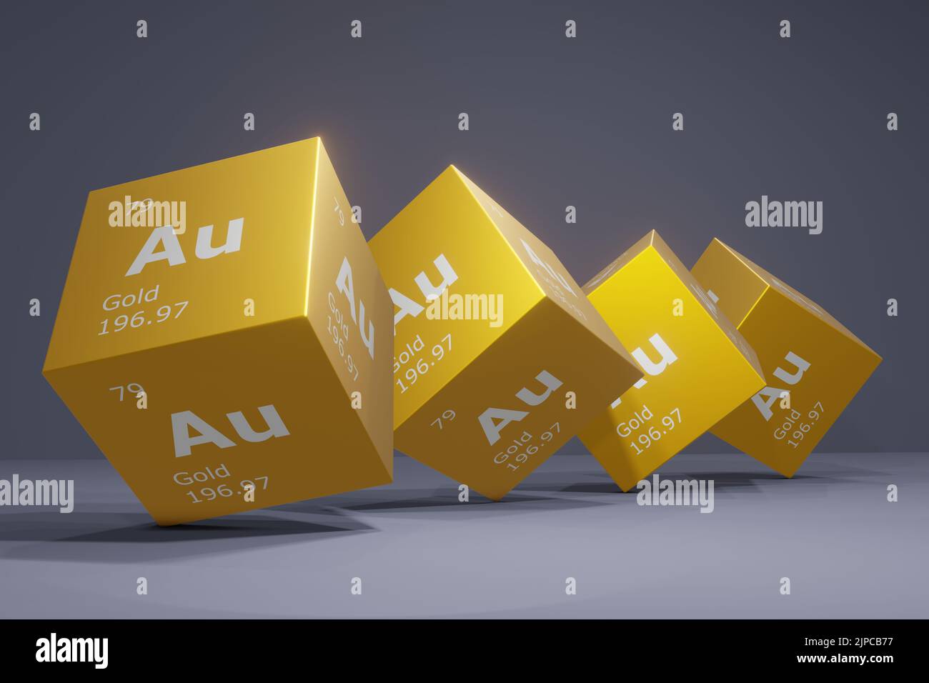 3D resa d'oro, elemento chimico della tavola periodica. Formazione, scienza e tecnologia. Illustrazione 3D Foto Stock