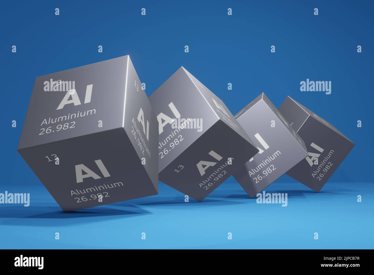 3D resa di alluminio, elemento chimico della tavola periodica. Formazione, scienza e tecnologia. Illustrazione 3D Foto Stock