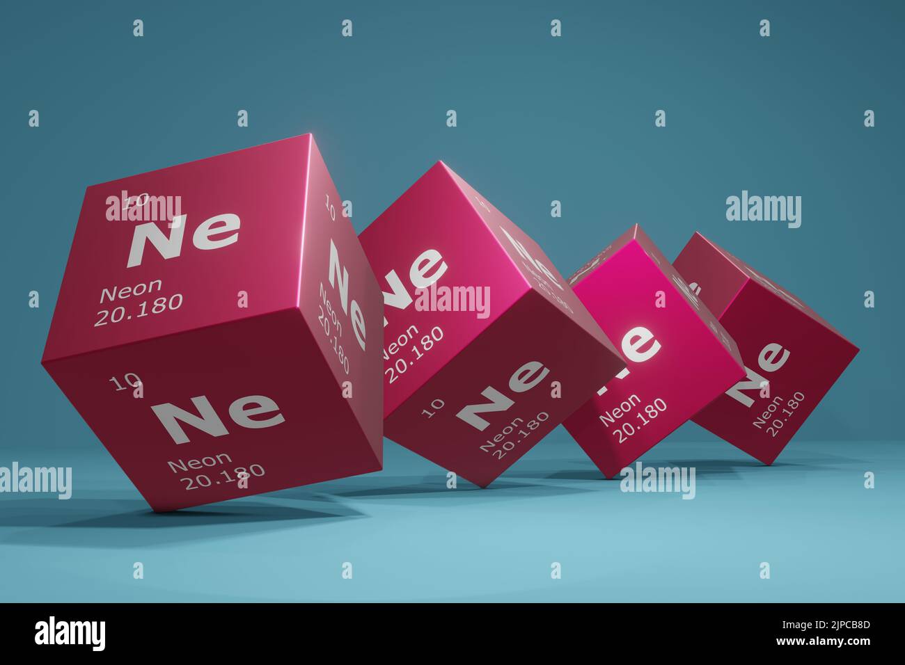3D resa del neon, elemento chimico della tavola periodica. Formazione, scienza e tecnologia. Illustrazione 3D Foto Stock