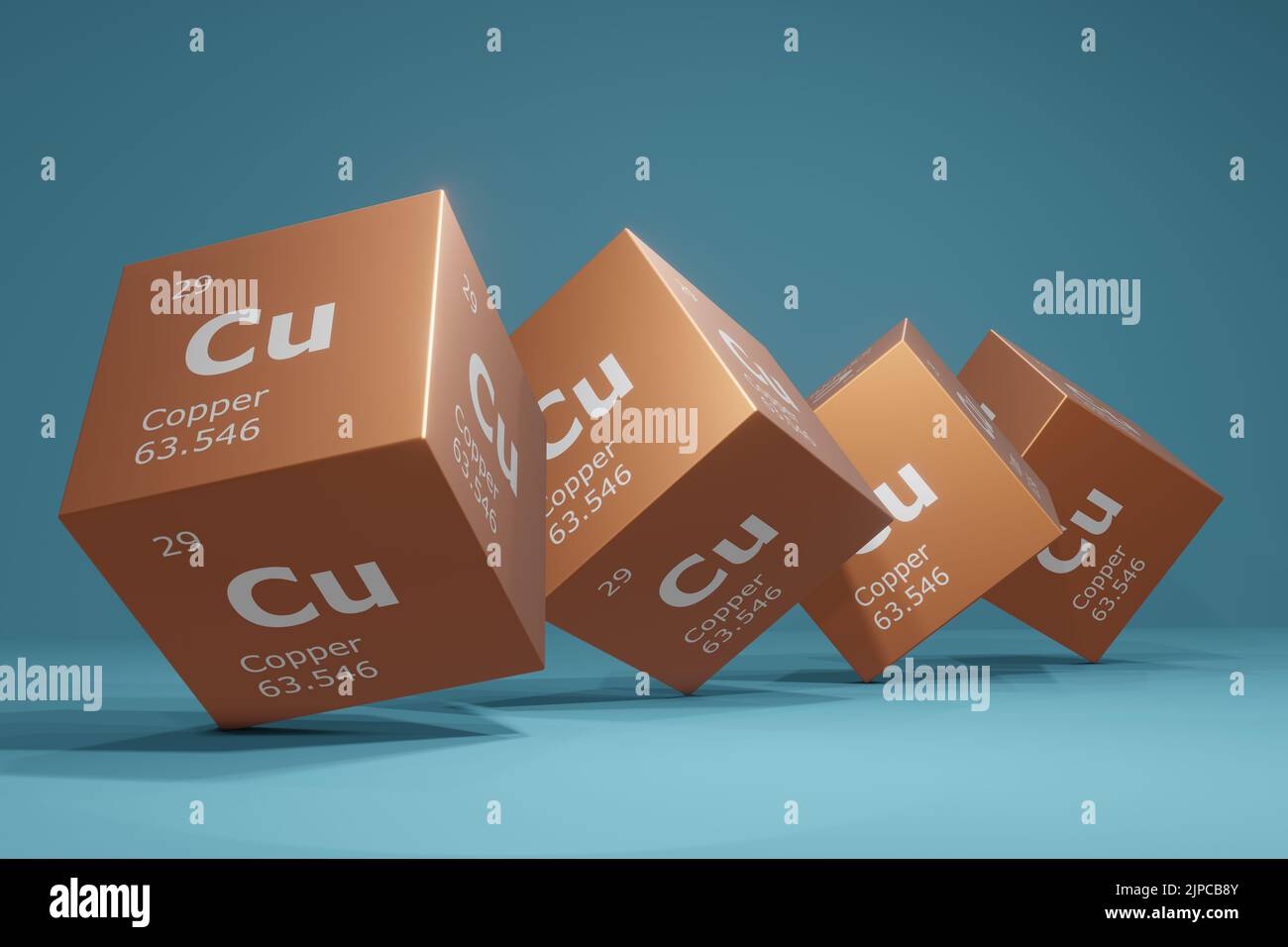 3D resa di rame, elemento chimico della tavola periodica. Formazione, scienza e tecnologia. Illustrazione 3D Foto Stock