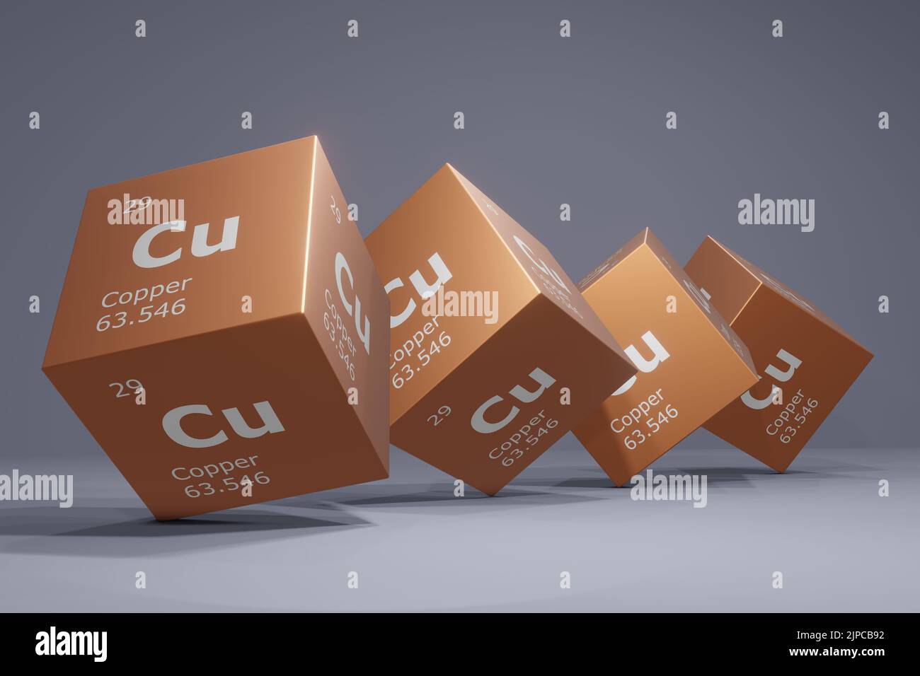 3D resa di rame, elemento chimico della tavola periodica. Formazione, scienza e tecnologia. Illustrazione 3D Foto Stock