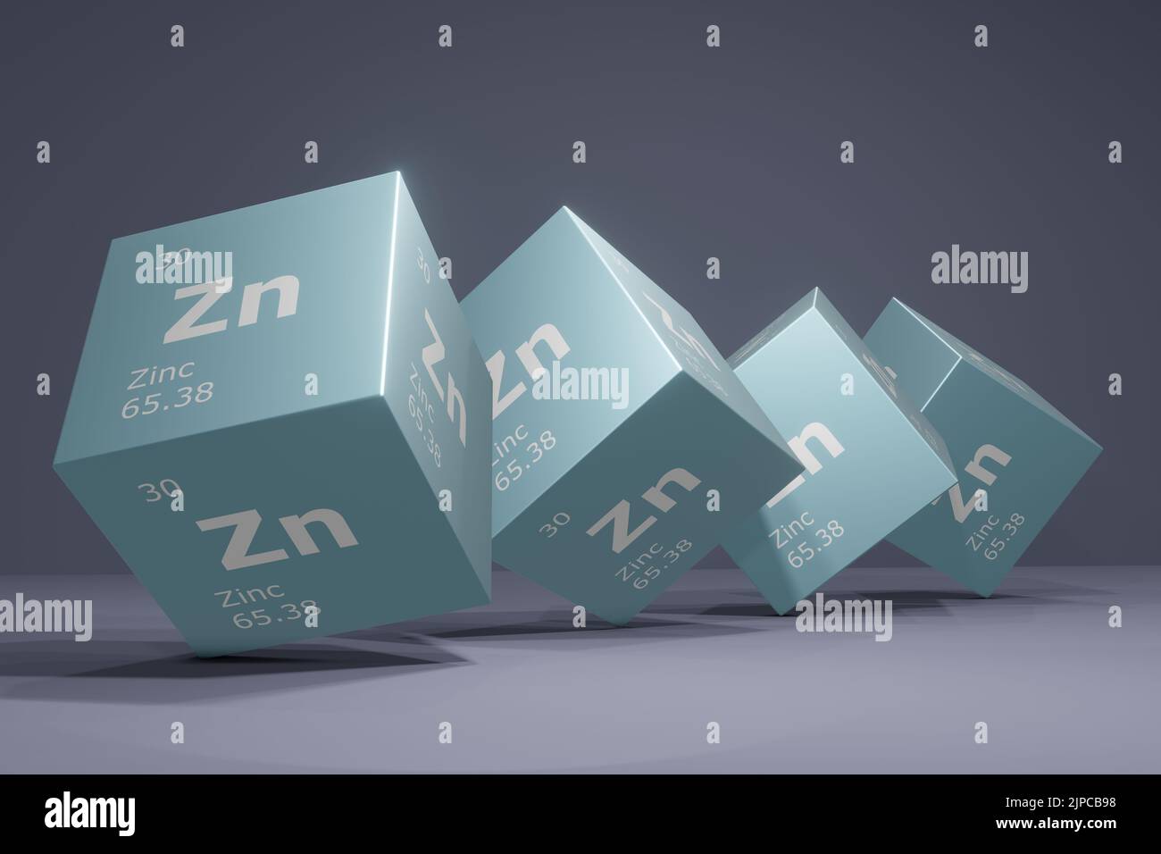 3D resa di zinco, elemento chimico della tavola periodica. Formazione, scienza e tecnologia. Illustrazione 3D Foto Stock