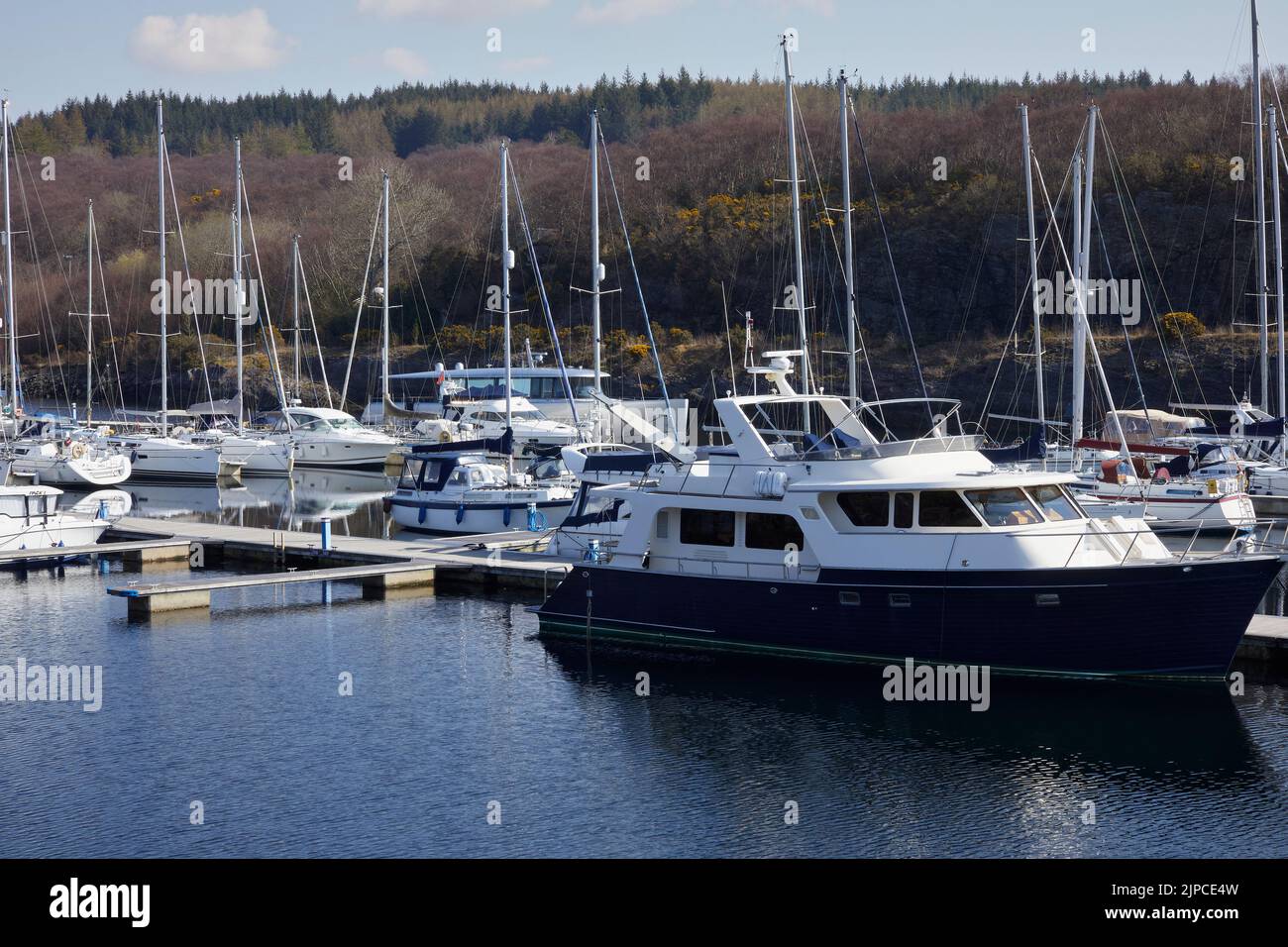 Una mattina di marzo luminosa e tranquilla, yacht a vela e altre imbarcazioni ormeggiate nel Portavadie Marina sul Loch Fyne sulla costa occidentale della Scozia Foto Stock
