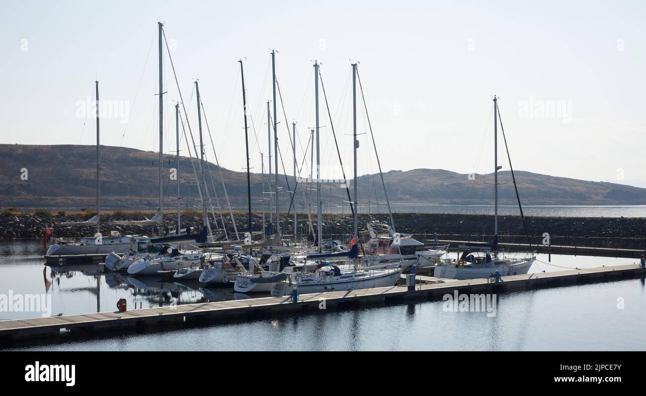 Una mattina di marzo luminosa e tranquilla, yacht a vela e altre imbarcazioni ormeggiate nel Portavadie Marina sul Loch Fyne sulla costa occidentale della Scozia Foto Stock