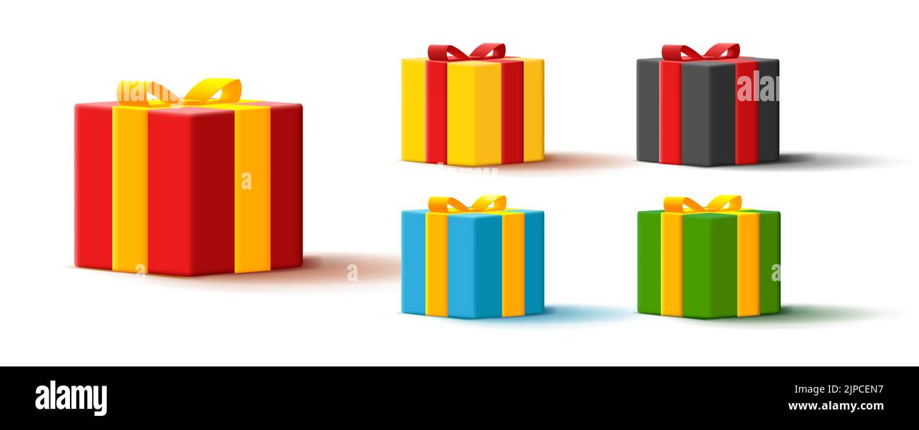 Set di 3D scatole regalo con archi, isolato Illustrazione Vettoriale