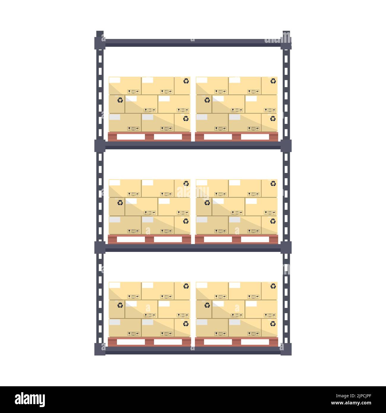 Rack per magazzino industriale in logistica, con pallet di scatole impilati per stoccaggio Illustrazione Vettoriale