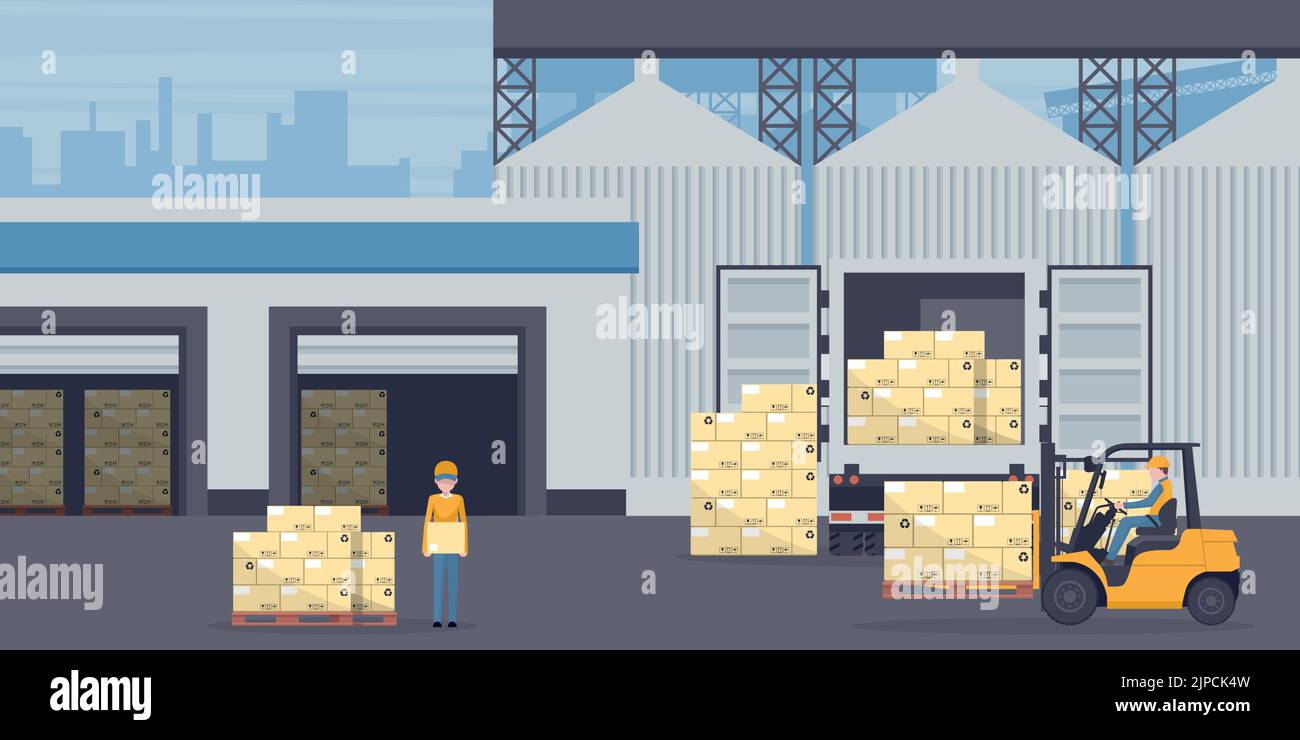 Carrello elevatore a forche che scarica pallet da container o camion refrigerato a un magazzino industriale. Stoccaggio industriale e distribuzione dei prodotti Illustrazione Vettoriale