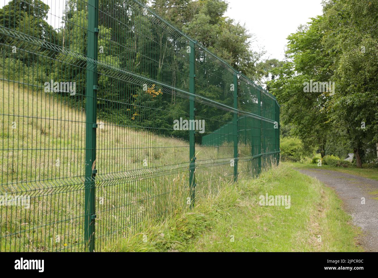 Un primo piano di un'area isolata da una recinzione di filo verde nel parco Foto Stock