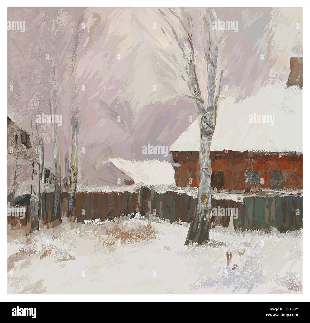 Pittura digitale originale di un paesaggio invernale nello stile di impressionista rusiano - illustrazione vettoriale (ideale per la stampa su tessuto o carta, po Illustrazione Vettoriale