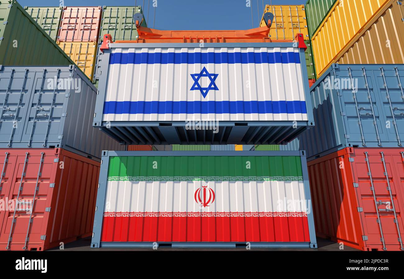 Container da carico con bandiere nazionali di Iran e Israele. Rendering 3D Foto Stock