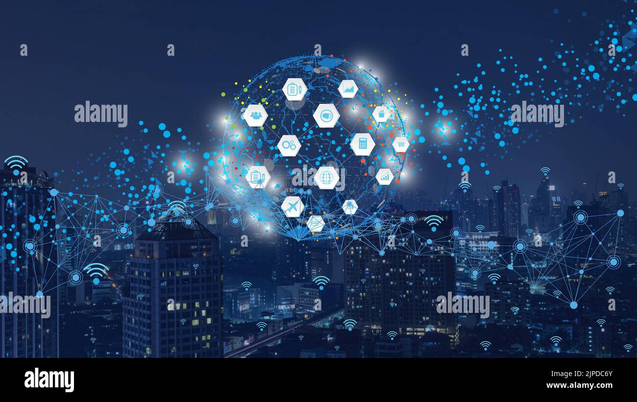 Cloud computing di stile minimale blu, struttura delle reti, progettazione del concetto di telecomunicazioni, connessioni di rete, illustrazione della connessione di rete globale Foto Stock