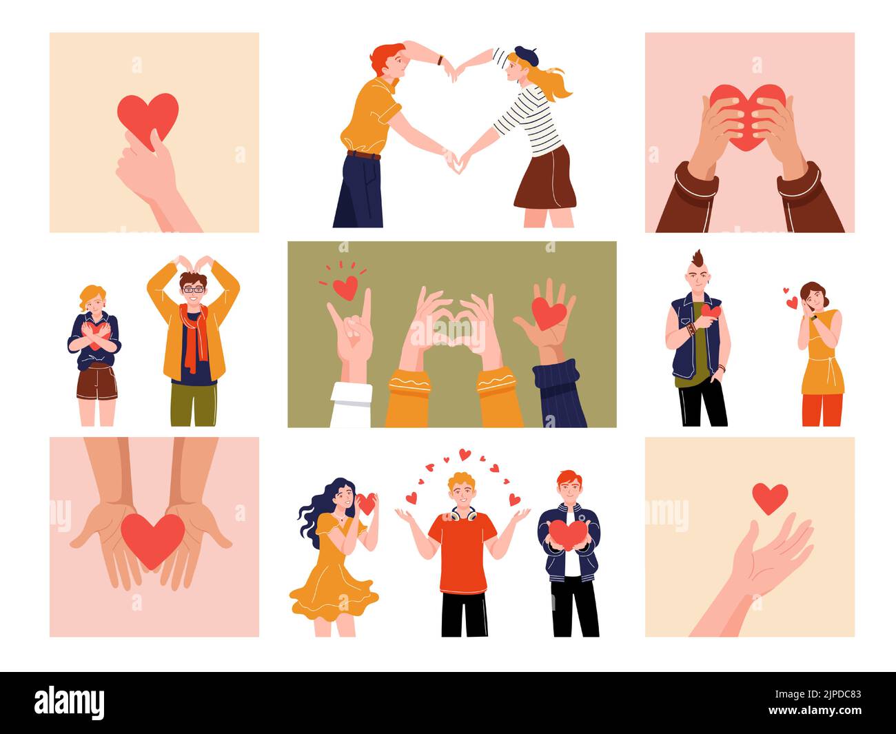 Mani con cuori. Supporto ai cartoni animati e concetto di beneficenza con mani umane e personaggi che tengono cuori rossi, beneficenza e donazione grafica. Vettore Illustrazione Vettoriale