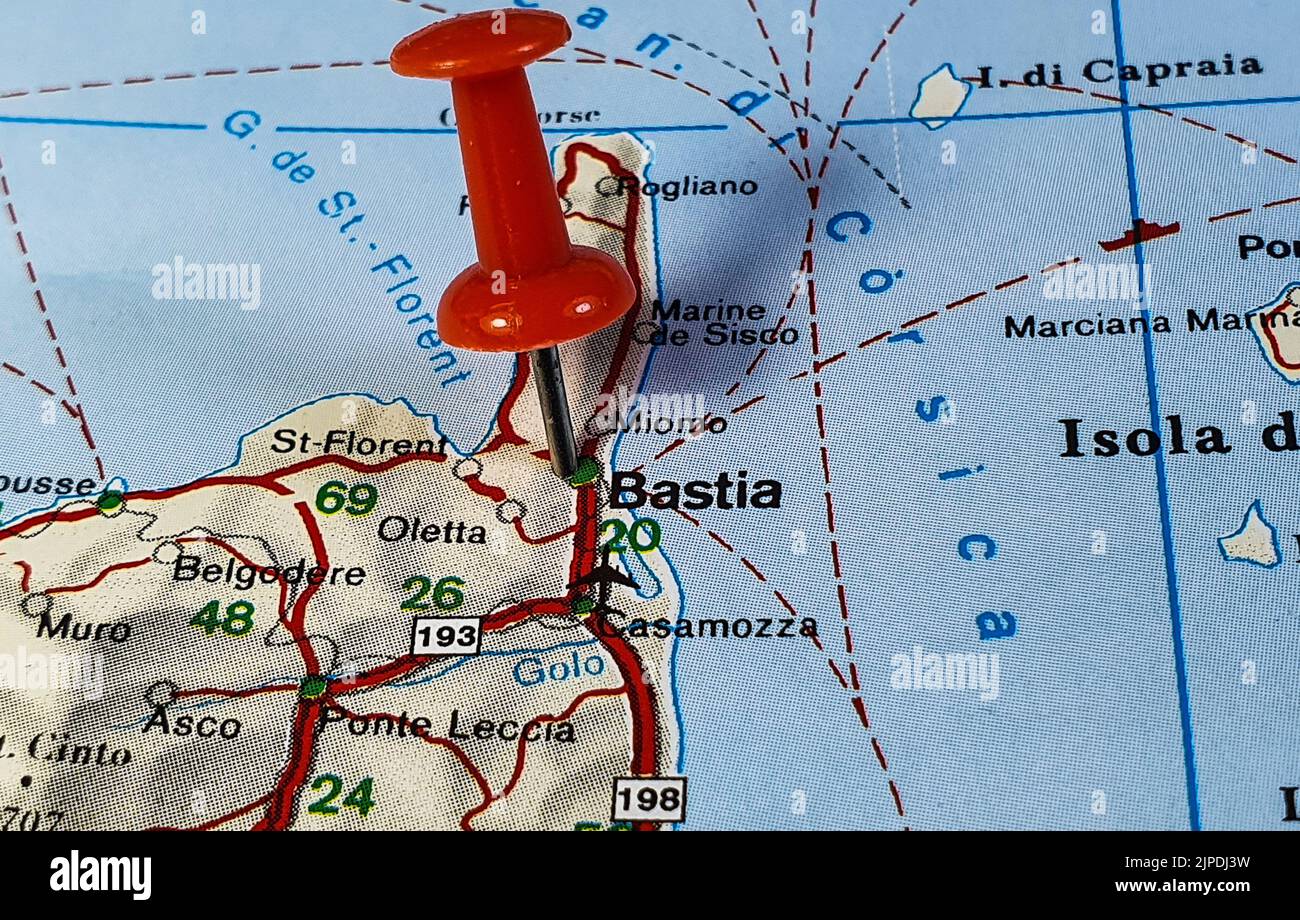 Una location pin su Bastia su una mappa Foto Stock