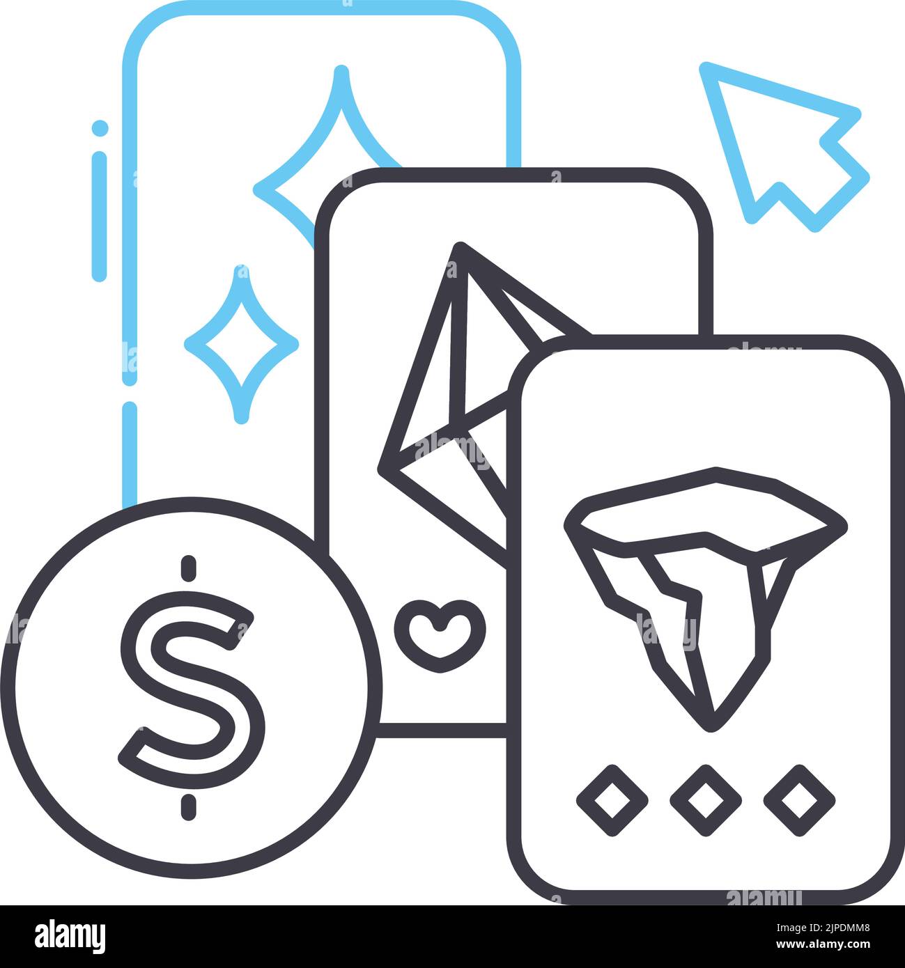 icona della linea dei giochi di carte mmo, simbolo di contorno, illustrazione vettoriale, segno di concetto Illustrazione Vettoriale
