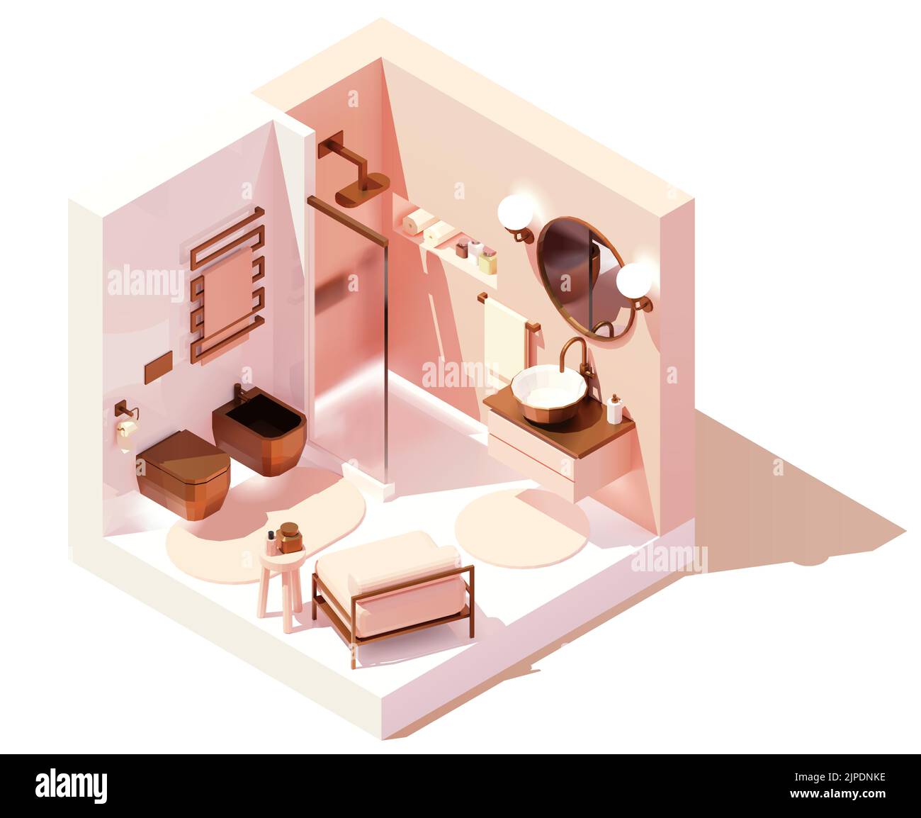 Bagno moderno Vector isometric. Bagno rosa e bianco con elementi in bronzo o rame, cabina doccia e lavabo, poltrona. Interni moderni Illustrazione Vettoriale