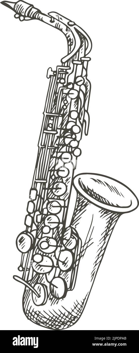 Schizzo isolato di strumenti musicali con clarinetto o sassofono. Tromba vettoriale per sax woodwind o orchestra di basso Illustrazione Vettoriale