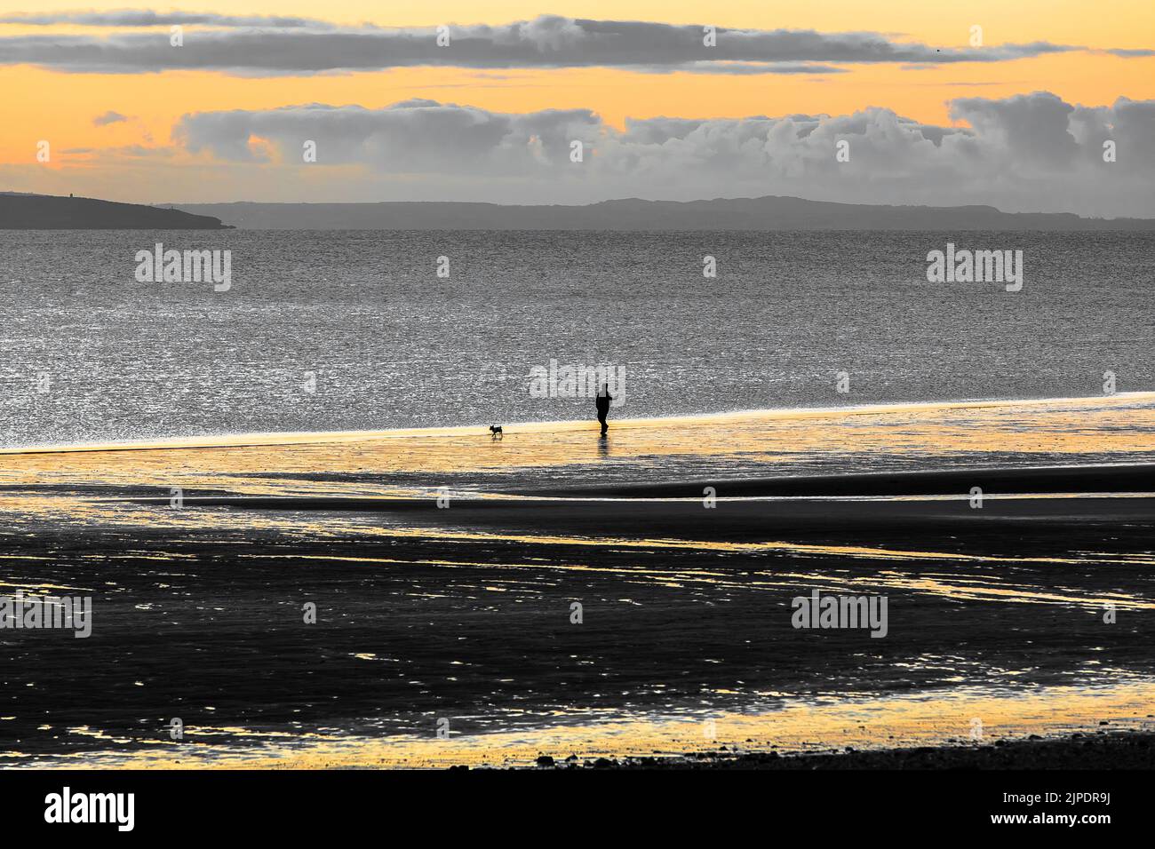 Una silhouette non identificabile di una persona che cammina il cane lungo la costa al crepuscolo. Foto Stock