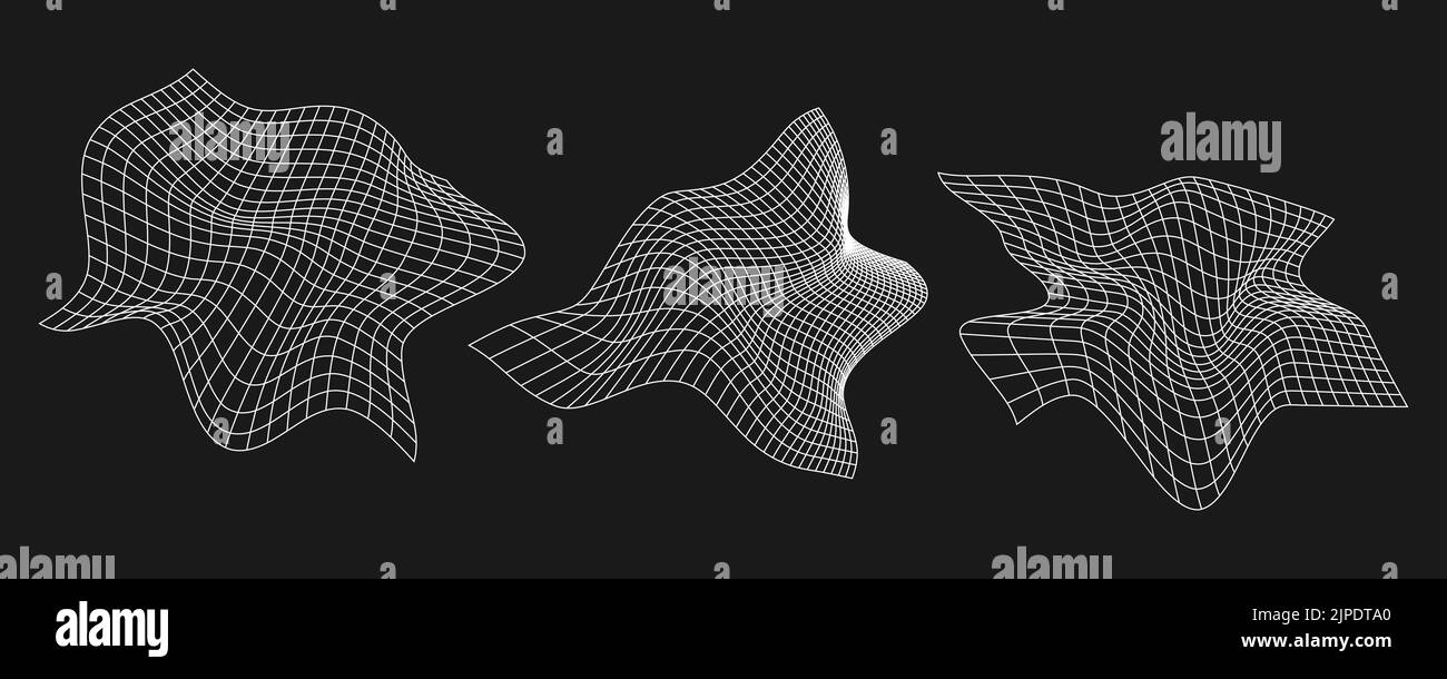 Set di griglie cyber distorte, elementi di design retro punk. Mesh della geometria dell'onda a reticolo su sfondo nero. Illustrazione vettoriale. Illustrazione Vettoriale