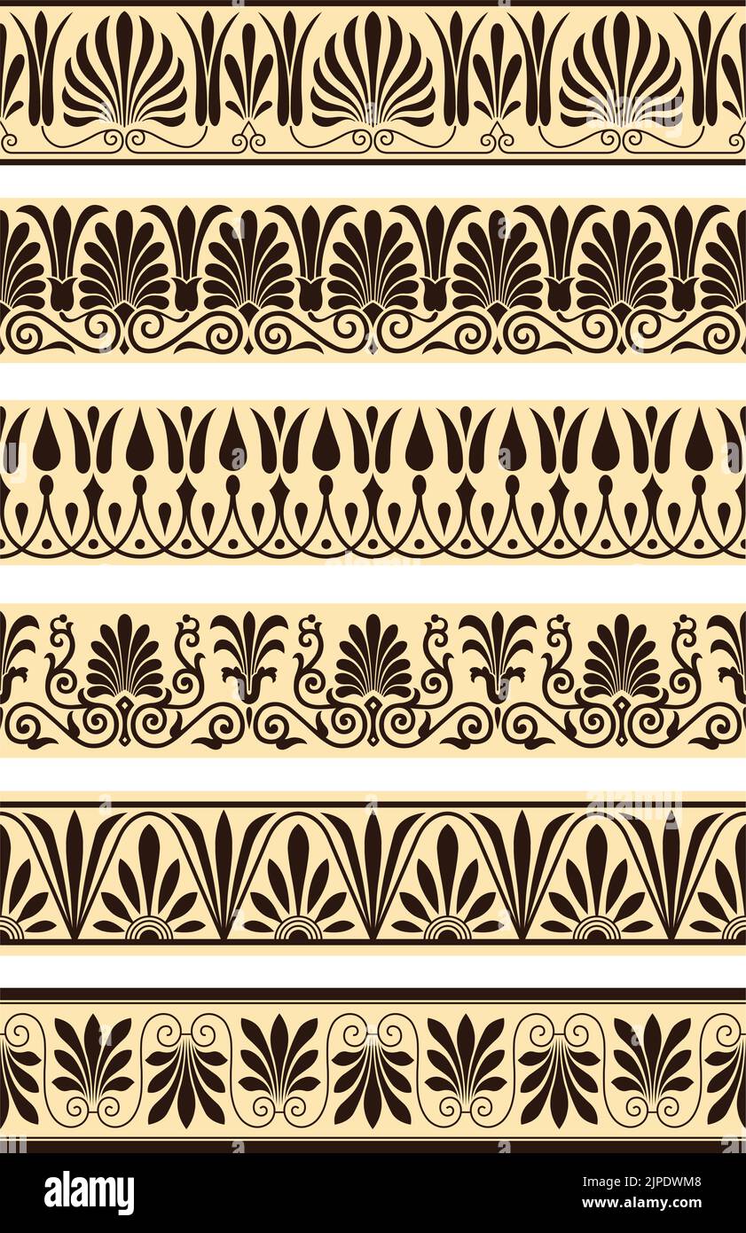 Una serie di vintage vettore greco stile ornamentale bordi decorativi. Illustrazione Vettoriale
