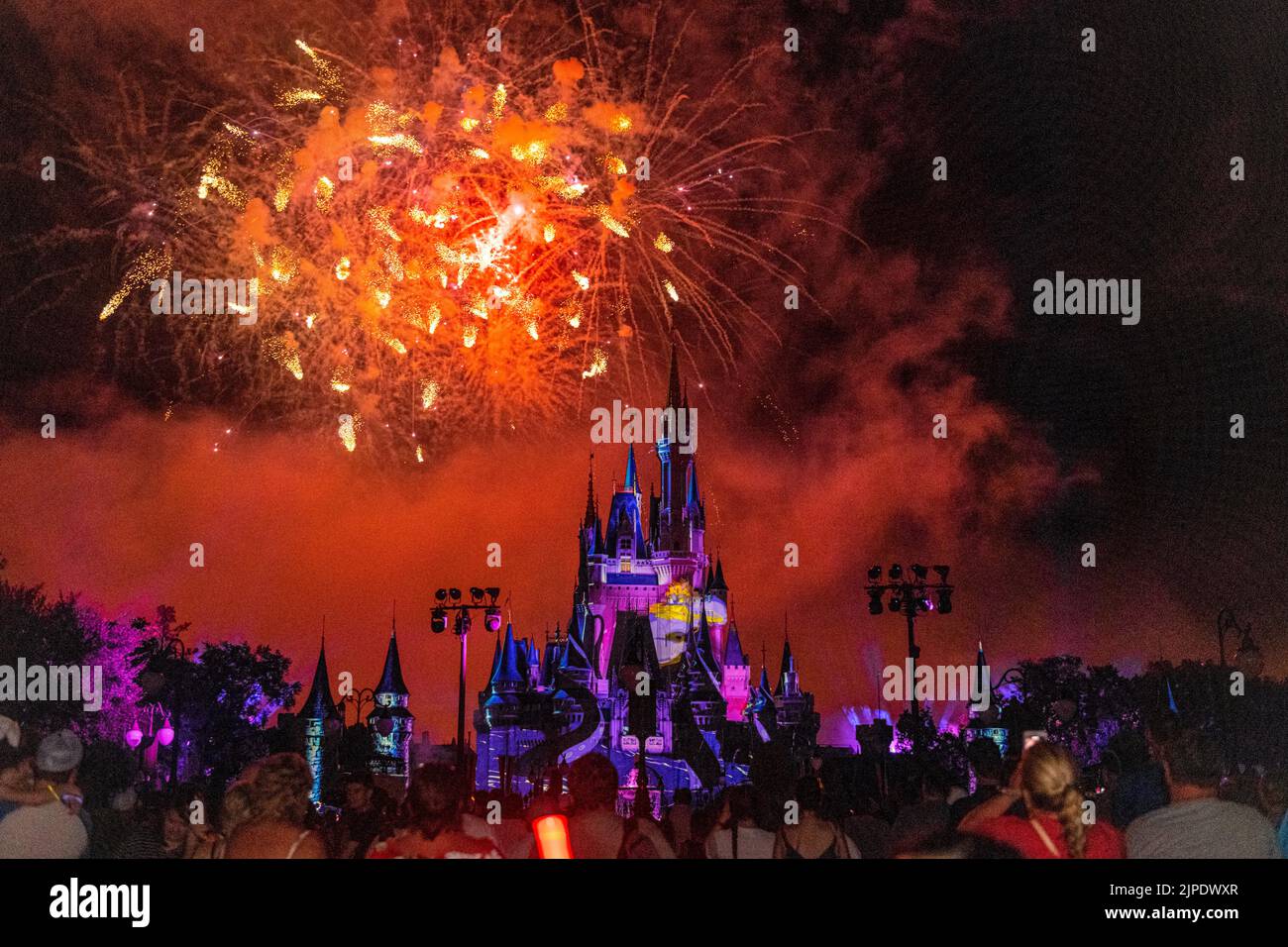 Spettacolo di fuochi d'artificio di notte. Il castello di Cenerentola è illuminato dalle luci. Foto Stock