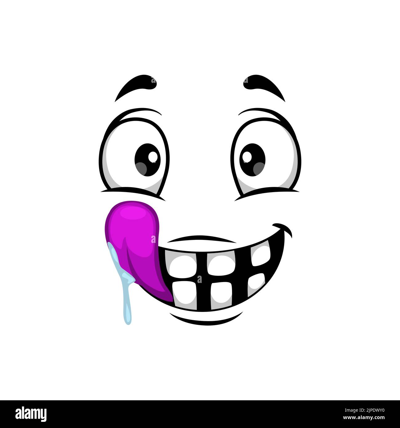 Icona vettoriale isolata faccia cartone animato, emoji facciali di creatura affamata divertente, sorriso emozionale con occhi rotondi e bocca con lingua rosa e saliva gocciolante Illustrazione Vettoriale