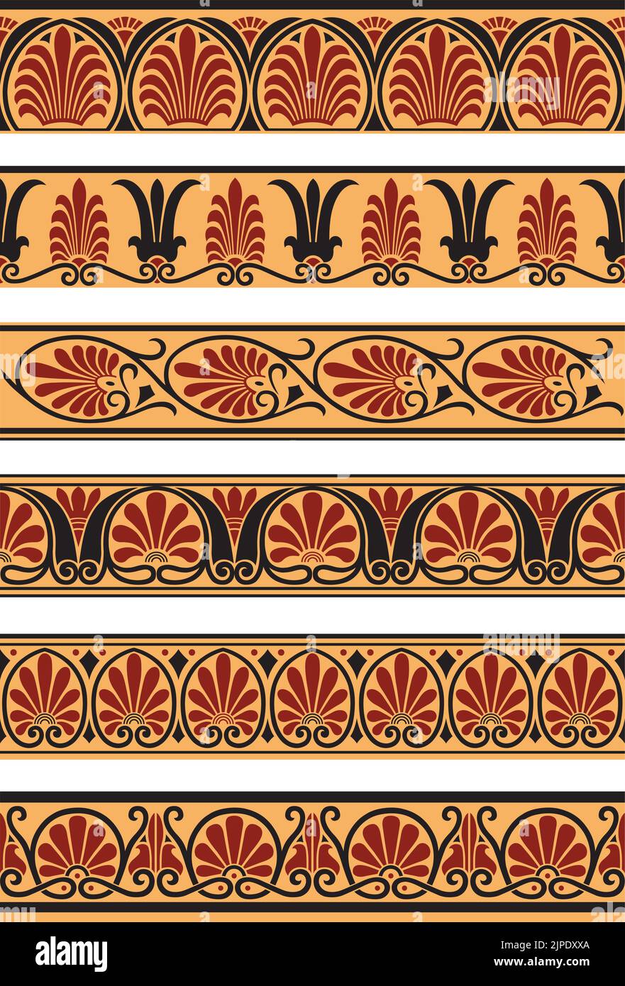 Una serie di vintage vettore greco stile ornamentale bordi decorativi. Illustrazione Vettoriale