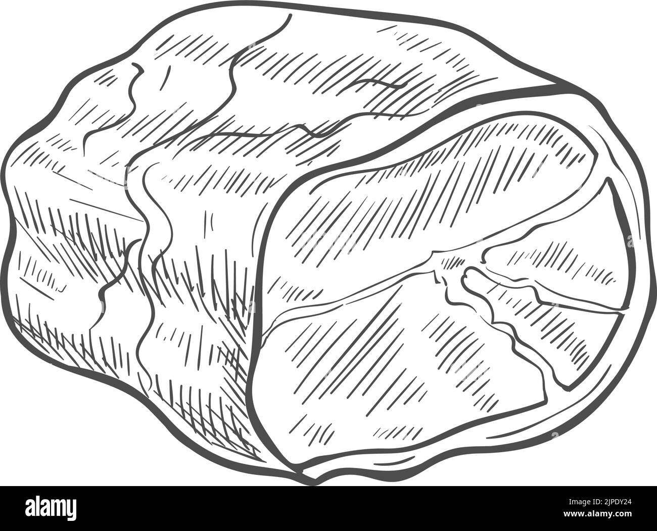 Icona di schizzo del pezzo di prosciutto, vettore isolato di manzo o maiale. Metà gambo, cibo di fattoria Illustrazione Vettoriale