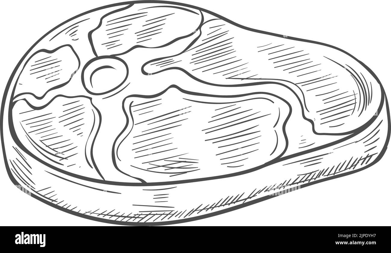 Bistecca di manzo pezzo grezzo isolato di carne di manzo schizzo. Vector BBQ, tagliare il cibo di macelleria Illustrazione Vettoriale