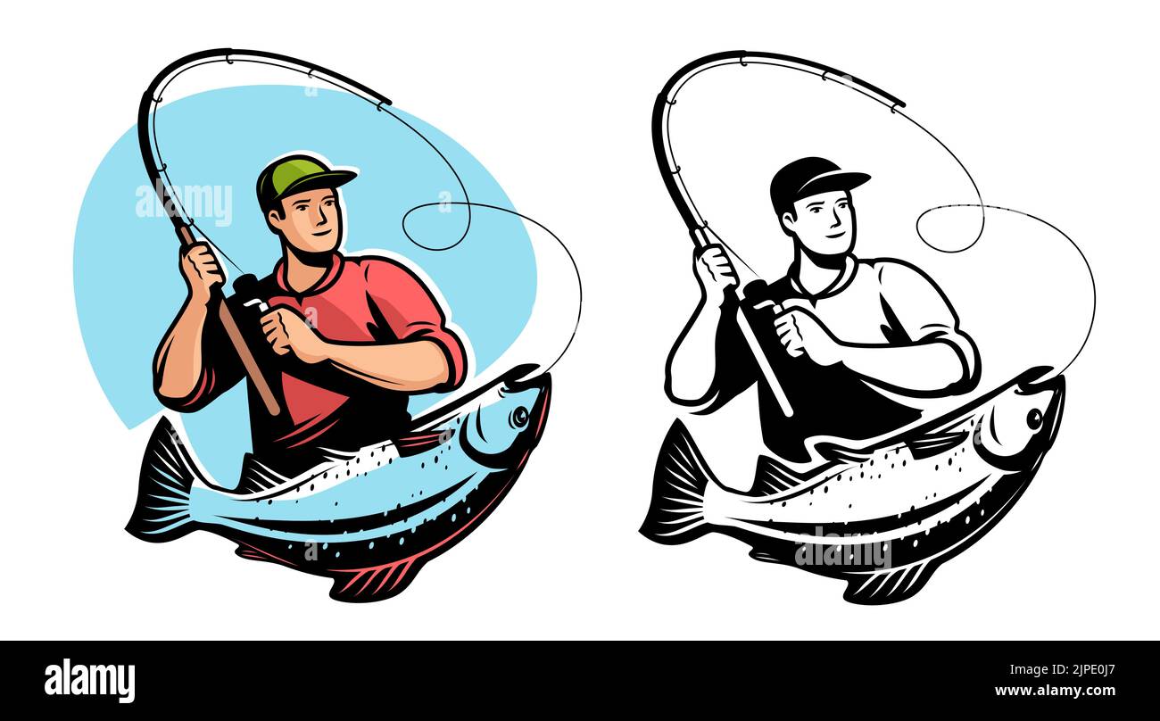 Pescatore con asta di filatura pescato grande pesce. Emblema o logo per lo sport della pesca. Illustrazione del vettore isolata Illustrazione Vettoriale