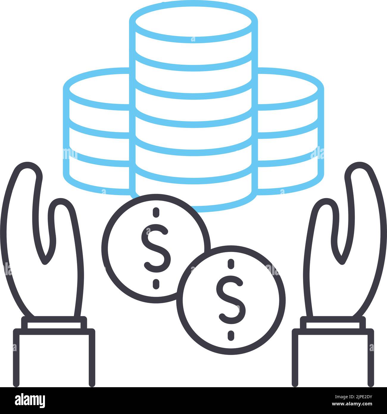 mano con icona della linea delle monete, simbolo del contorno, illustrazione vettoriale, segnale concettuale Illustrazione Vettoriale