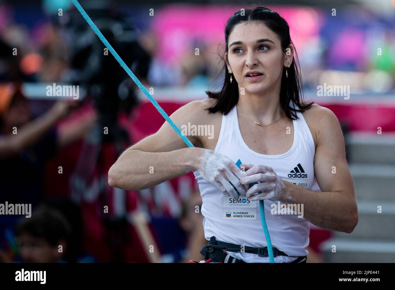 Monaco, Germania. 17th ago, 2022. Monaco di Baviera, Germania, agosto 17th 2022: Mia Krampl (SLO) in azione durante lo Sport Climbing femminile combinata Boulder e Lead Final a Koenigsplatz ai Campionati europei di Monaco di Baviera 2022 (Liam Asman/SPP) Credit: SPP Sport Press Photo. /Alamy Live News Foto Stock