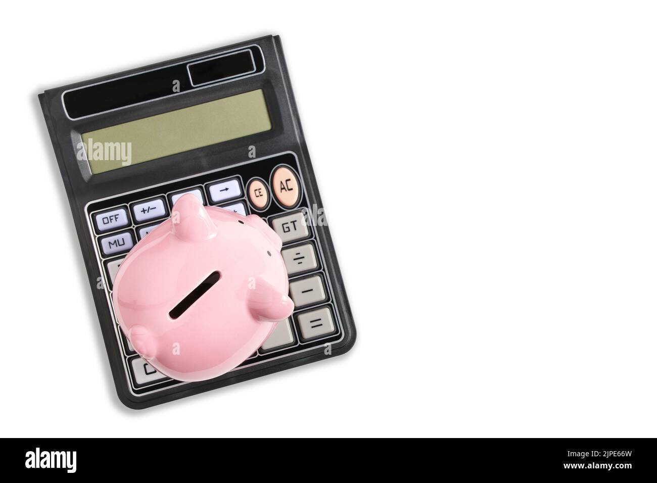 Calcolatrice e banca piggy sfondo bianco.concetto famiglia bilancio e business Foto Stock