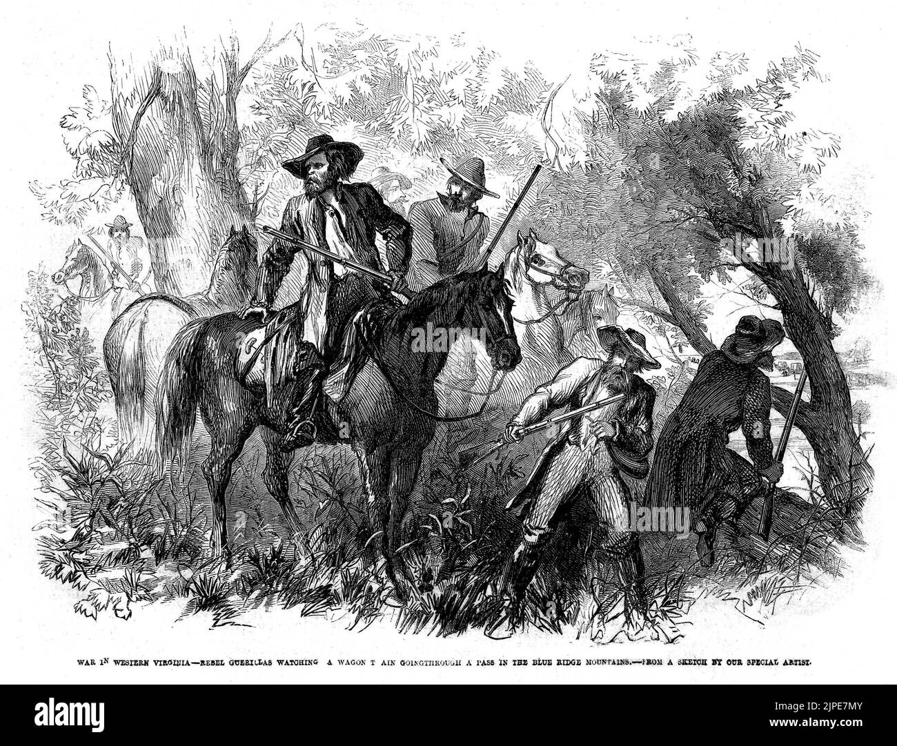 Guerra nella Virginia Occidentale - Guerillas Rebel che guarda un treno Wagon che attraversa un Passo nelle Blue Ridge Mountains (1862) illustrazione della Guerra civile americana dal quotidiano illustrato di Frank Leslie Foto Stock