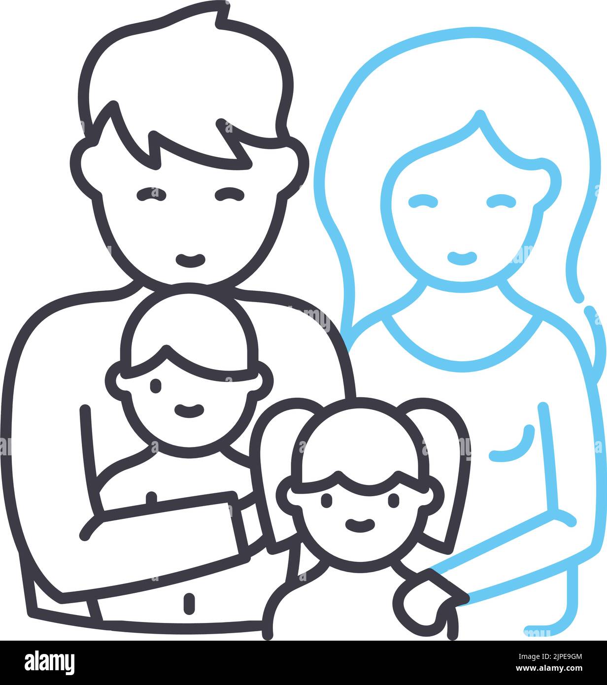icona della linea madre, padre e bambini, simbolo del contorno, illustrazione vettoriale, segnale concettuale Illustrazione Vettoriale