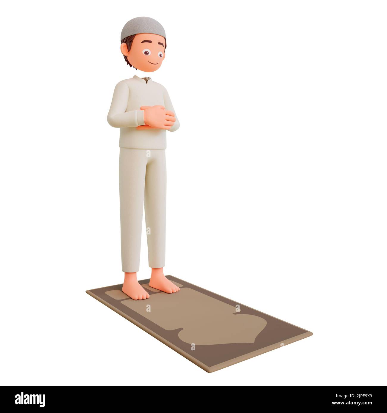 Un 3D render di un uomo musulmano in piedi su un tappeto e pronto a pregare su uno sfondo bianco Foto Stock