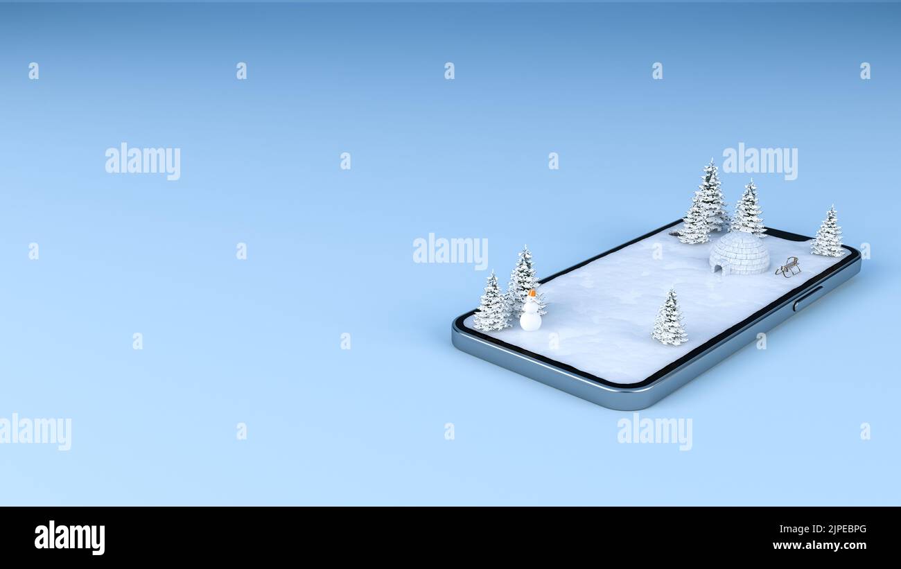 Inverno campo di neve paesaggio destinazione di viaggio sullo schermo del telefono cellulare, rendering 3D Foto Stock