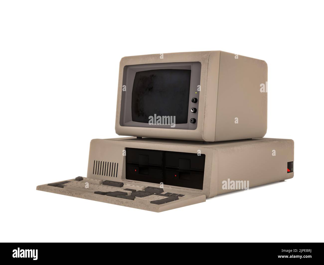 PC desktop vintage con tastiera isolata su sfondo bianco, rendering 3D Foto Stock