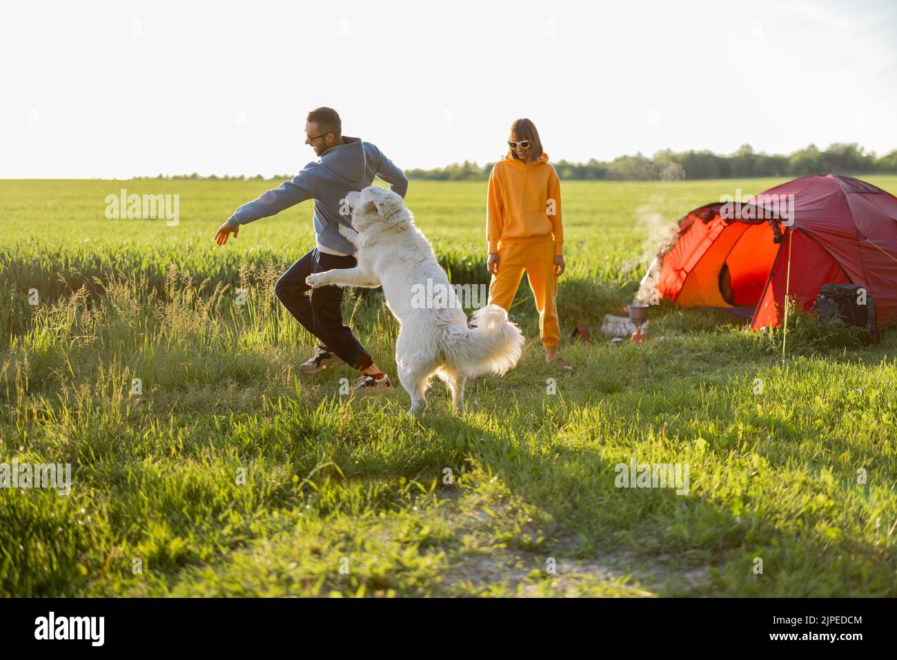 Le giovani coppie giocano con il loro cane al campeggio Foto Stock