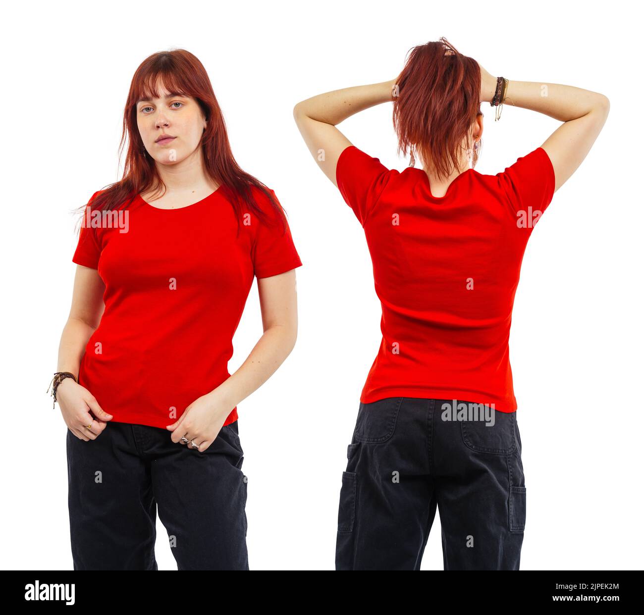 Giovane donna bella posa con una t-shirt bianca rossa pronta per la vostra opera d'arte o il design. Foto Stock
