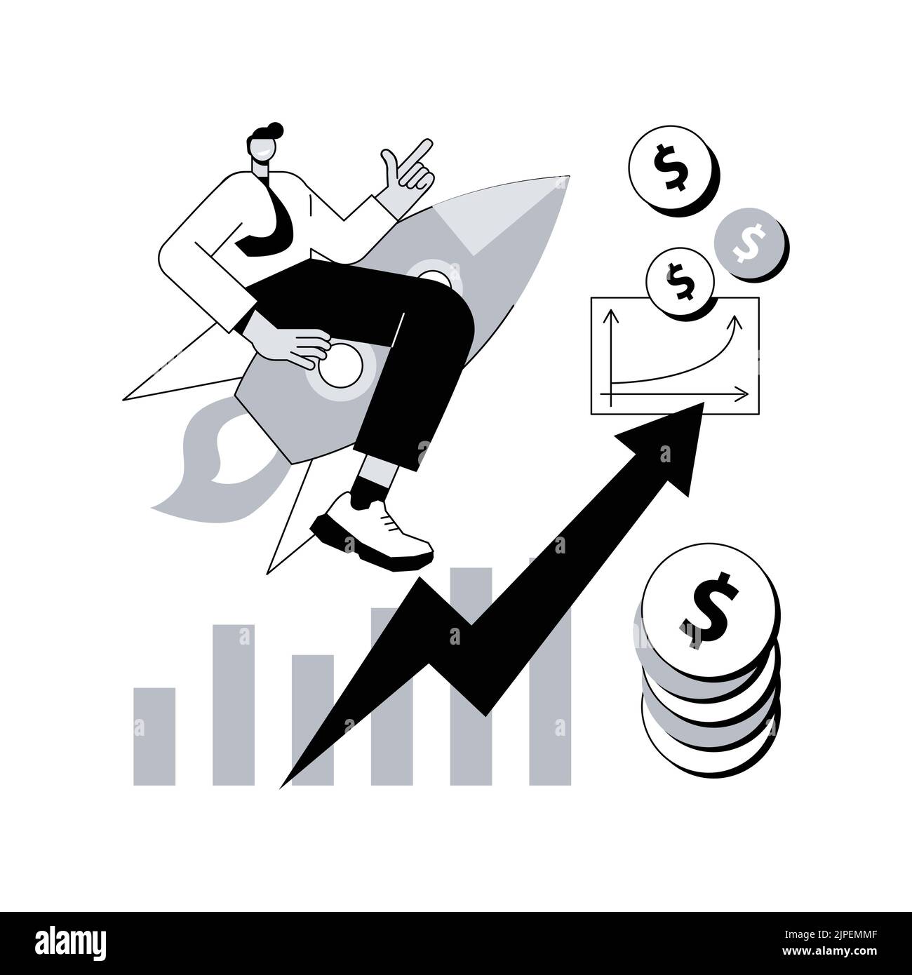 Illustrazione vettoriale del concetto astratto di crescita delle vendite. Piano di profitto, crescita del database dei clienti, responsabile vendite, metodo di promozione, obiettivo di marketing, successo del venditore, valuta la metafora astratta della formula. Illustrazione Vettoriale