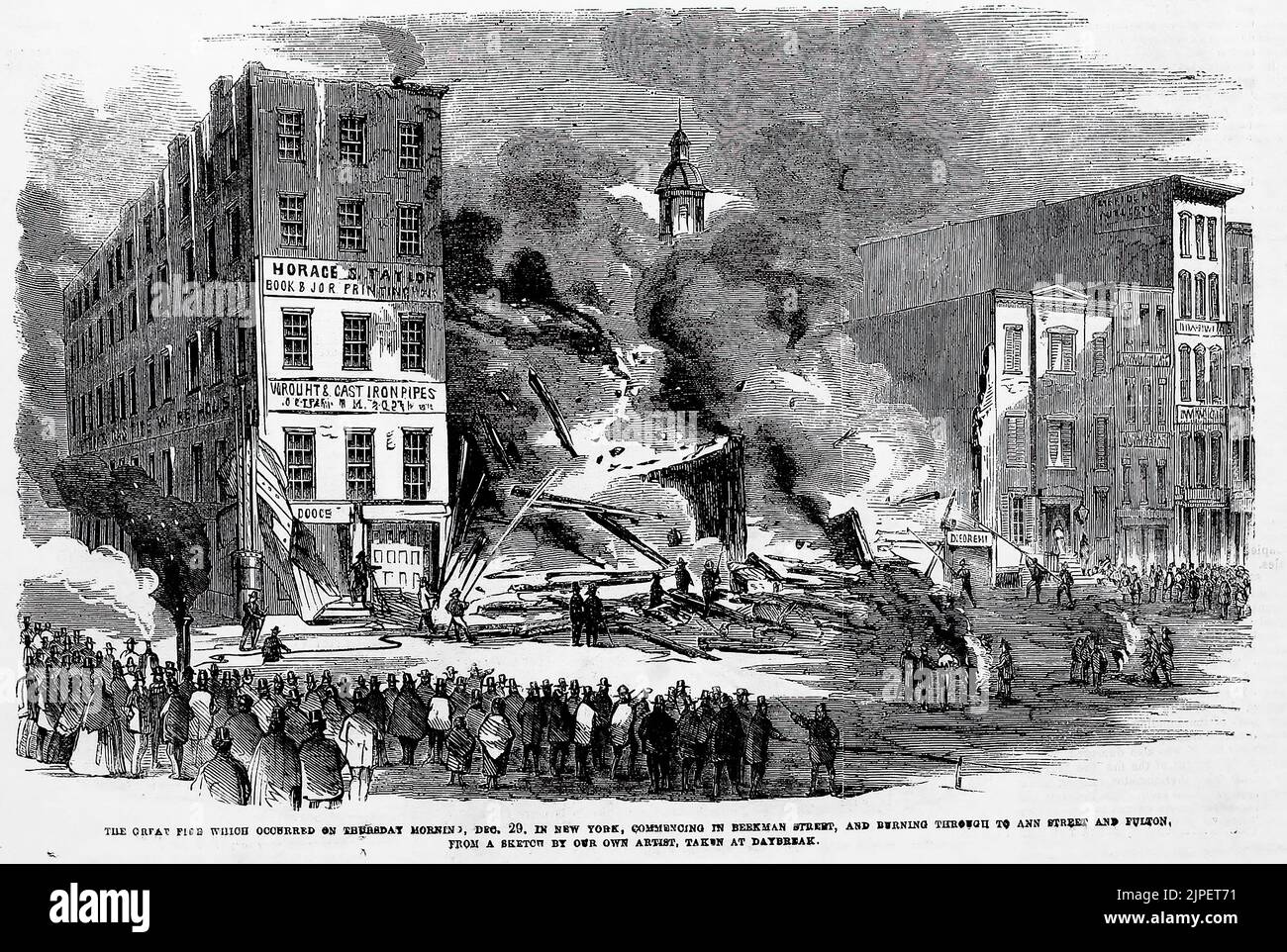 Il grande incendio che si verificò il giovedì mattina, 29th dicembre 1859, a New York, iniziando in Berman Street, e bruciando attraverso Ann Street e Fulton (1860). Illustrazione dal giornale illustrato di Frank Leslie Foto Stock