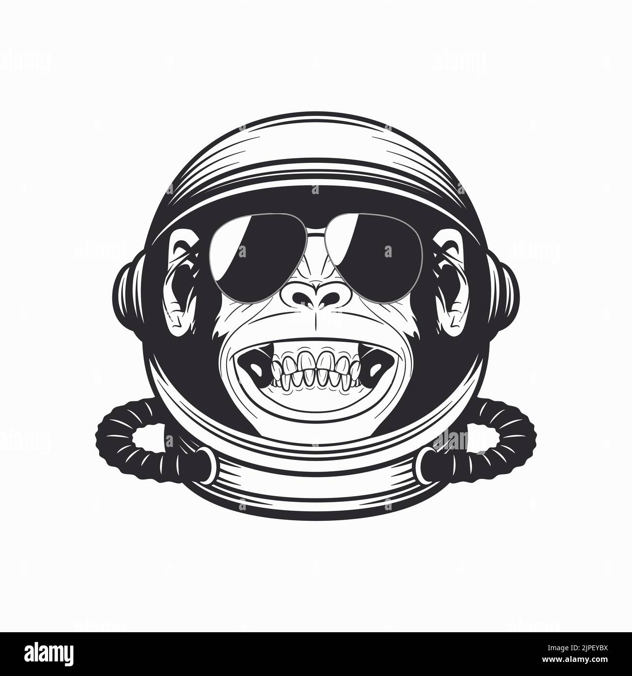 Ho bisogno di più spazio. Citazione di Tipografia vettoriale con l'Ape sorridente di Chimpanzee. Casco astronauta, scimmia Funny. Spaceman Design per Wall Art, T-shirt Print Illustrazione Vettoriale