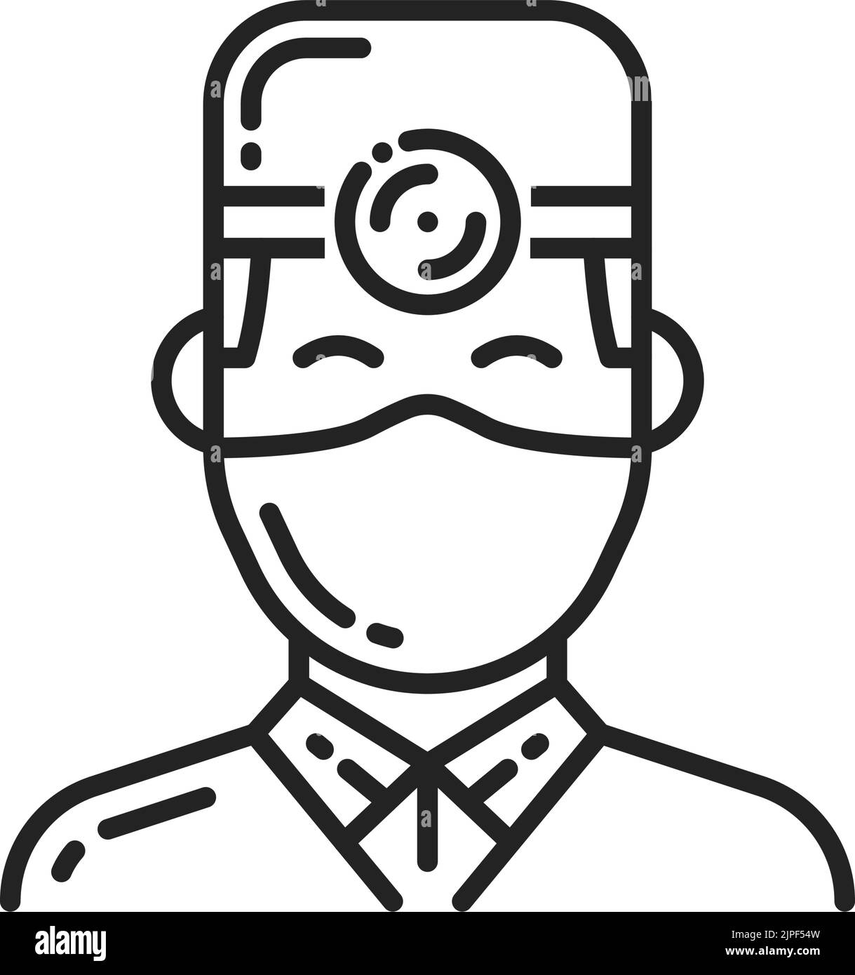 Medico maschio con specchio per la testa isolato contorno icona. Dentista vettoriale, medico o chirurgo avatar, emblema pediatra. Medico scienziato, medico generale sanitario operatore ospedaliero, arte di linea Illustrazione Vettoriale