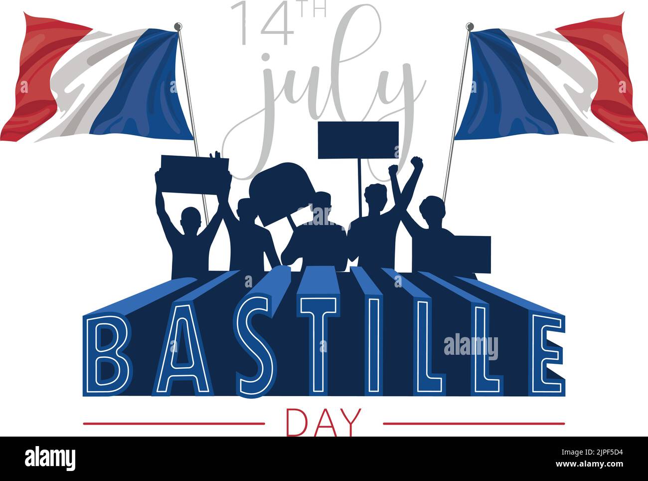 Silhouette di persone celebratin con bandiere Bastille giorno celebrazione Vector Illustrazione Vettoriale