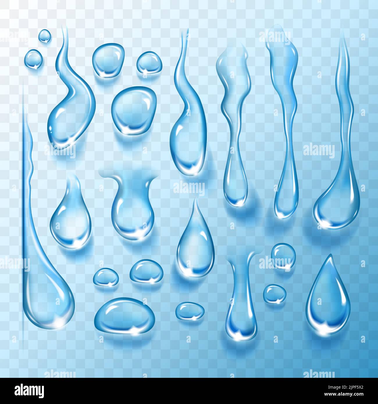 Set di gocce d'acqua blu su sfondo trasparente. Illustrazione vettoriale. Illustrazione Vettoriale