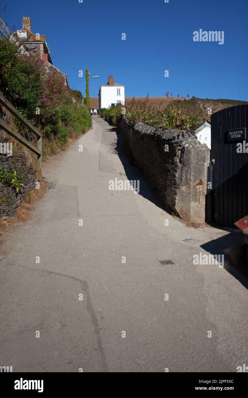 Strada stretta che conduce alle case a Port Isaac. Cornovaglia, Inghilterra Foto Stock