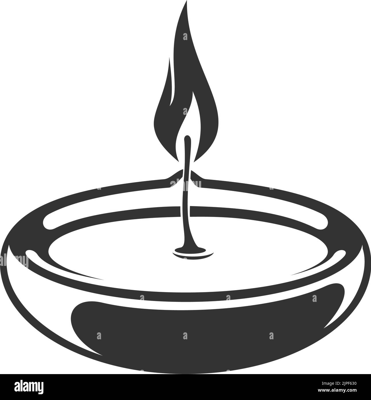 Icona monocromatica isolata della lampada a olio Diwali. Candela rotonda a fuoco vettoriale, fiamma deepavali Illustrazione Vettoriale